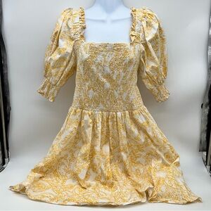 1. State Yellow Toile Paisley Print Midi Dress w/Smocked Bodice Short Sleeves-L